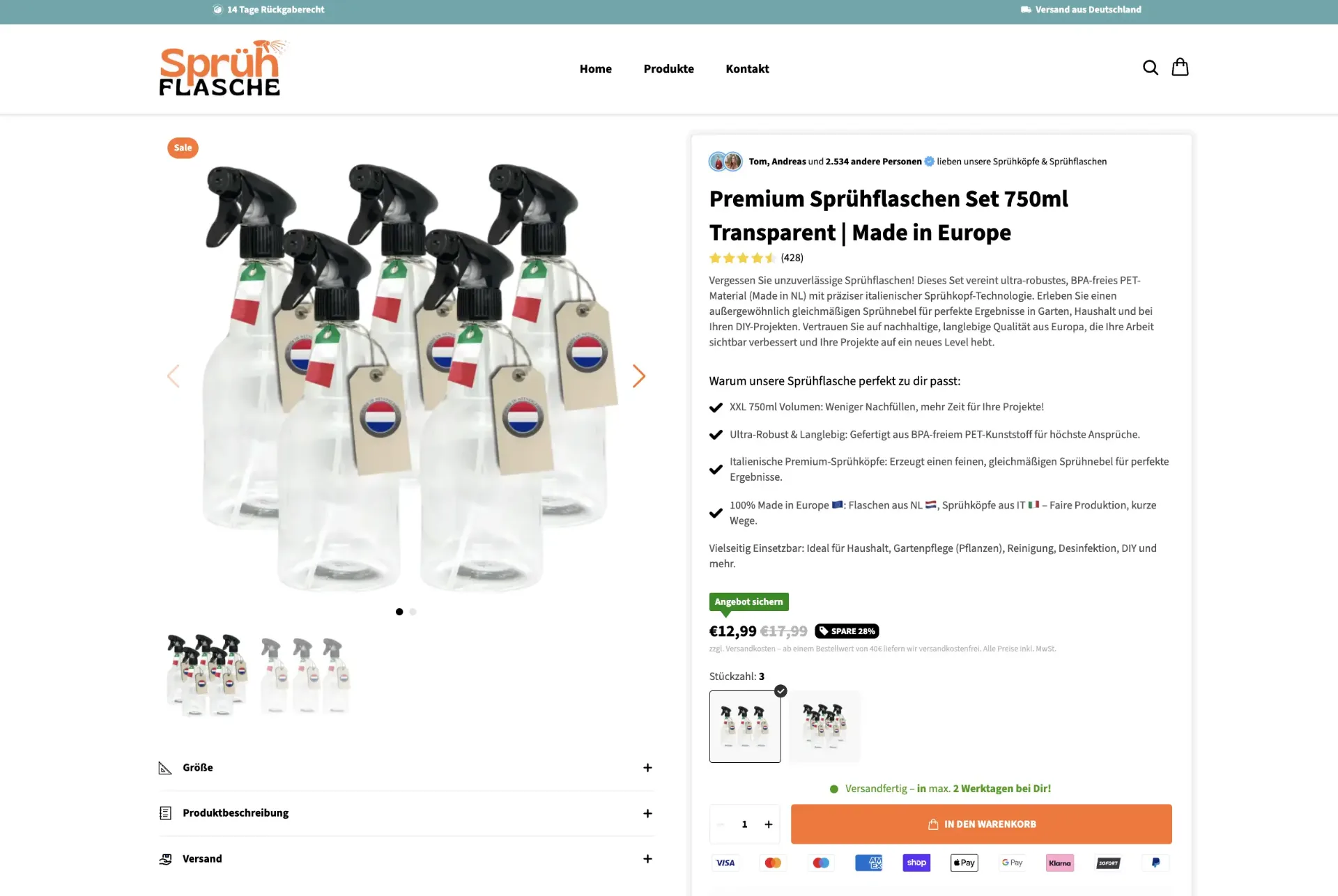Screenshot der Website von Sprühflasche.com
