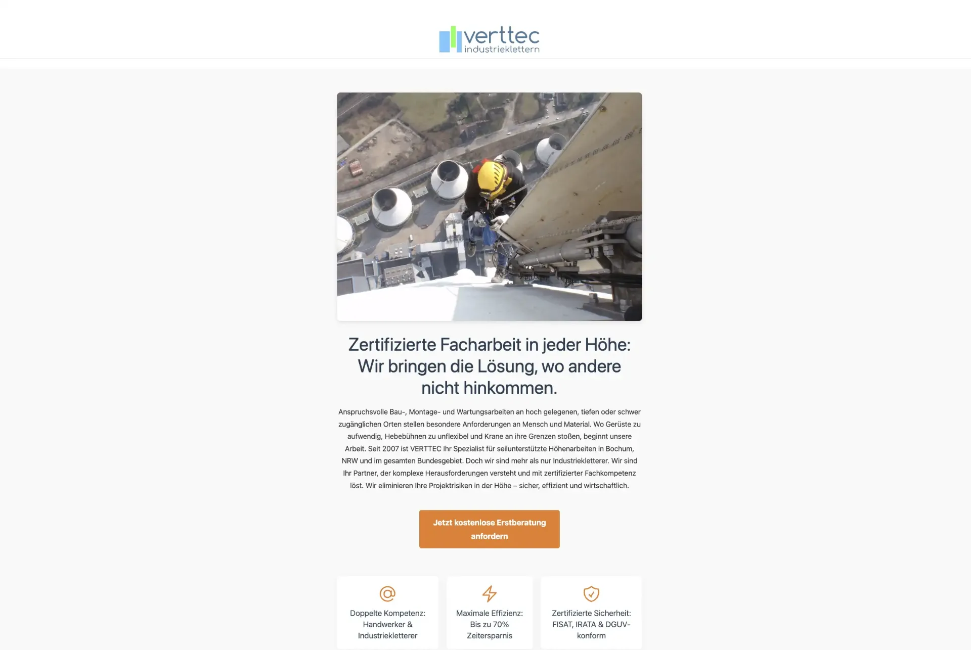 Screenshot der Website von Verttec Industrieklettern