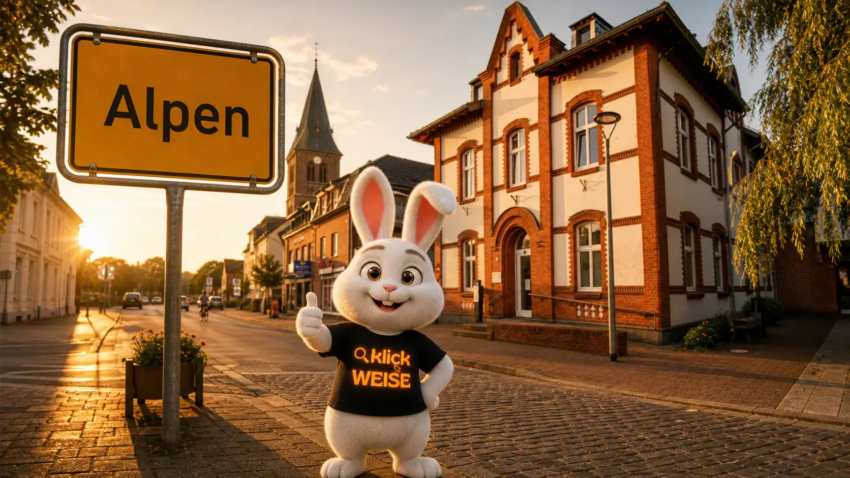 Lokales Online-Marketing Alpen – Klickweise-Maskottchen am Ortsschild Alpen im historischen Ortskern am Niederrhein