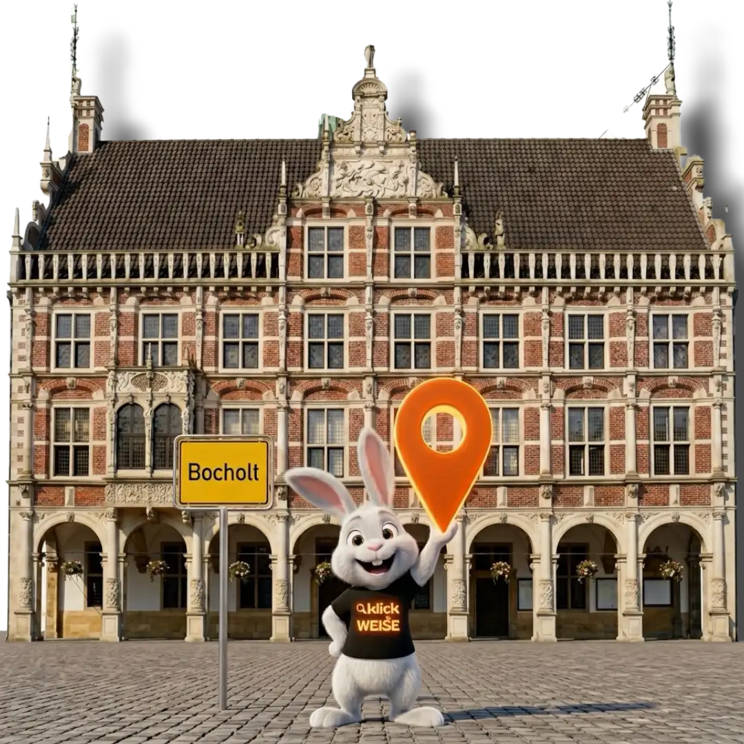 Lokales Online-Marketing Bocholt – Klickweise am Rathaus mit Ortsschild Bocholt