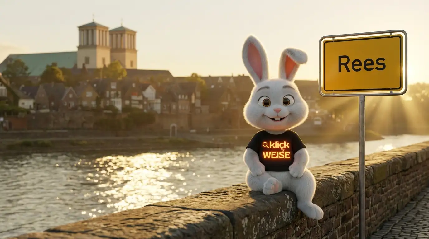 Lokales Online-Marketing Rees – Klickweise an der Rheinpromenade mit Ortsschild Rees