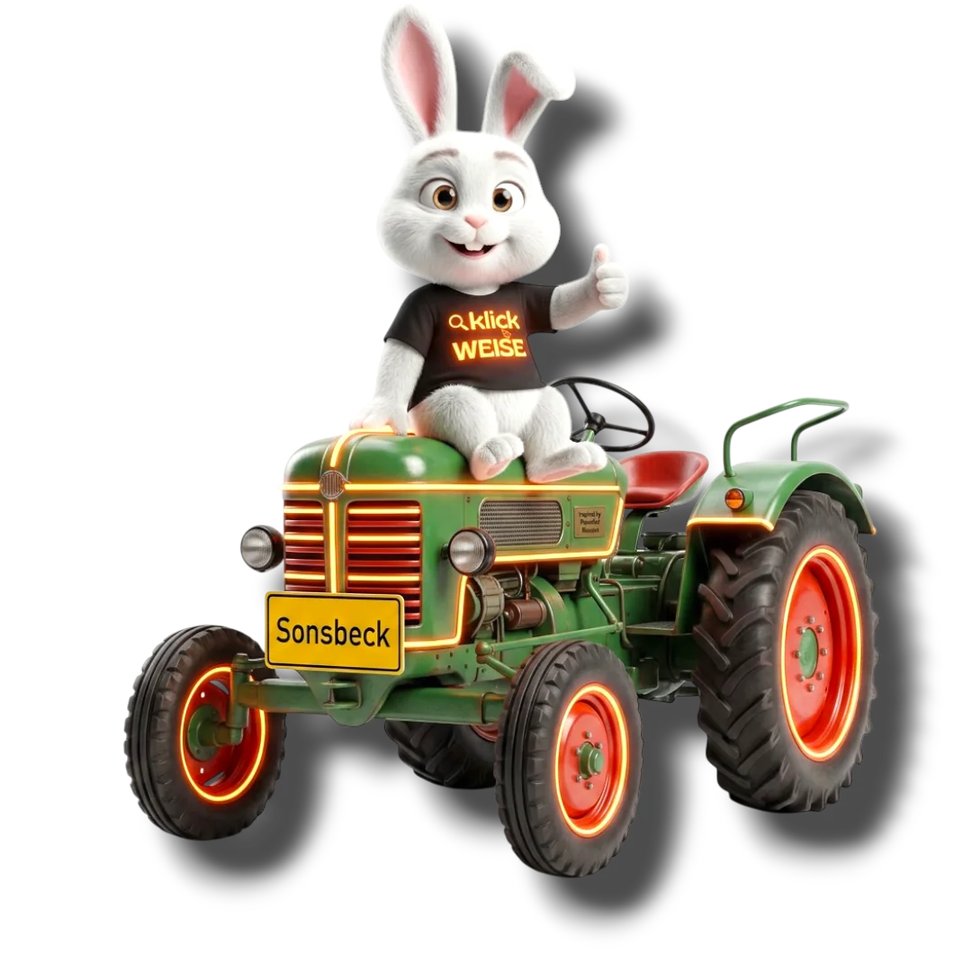 Lokales Online-Marketing Sonsbeck – Klickweise auf einem Traktor mit Ortsschild Sonsbeck am Niederrhein