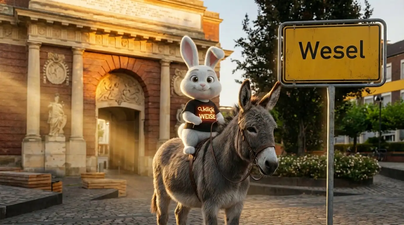 Lokales Online-Marketing Wesel – Klickweise auf einem Esel am Berliner Tor mit Ortsschild Wesel