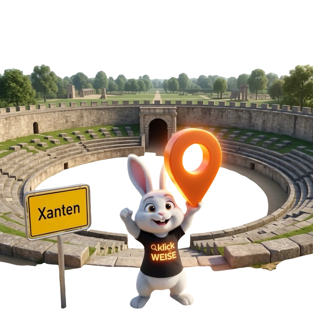 Lokales Online-Marketing Xanten – Klickweise im Amphitheater des Archäologischen Parks mit Ortsschild Xanten