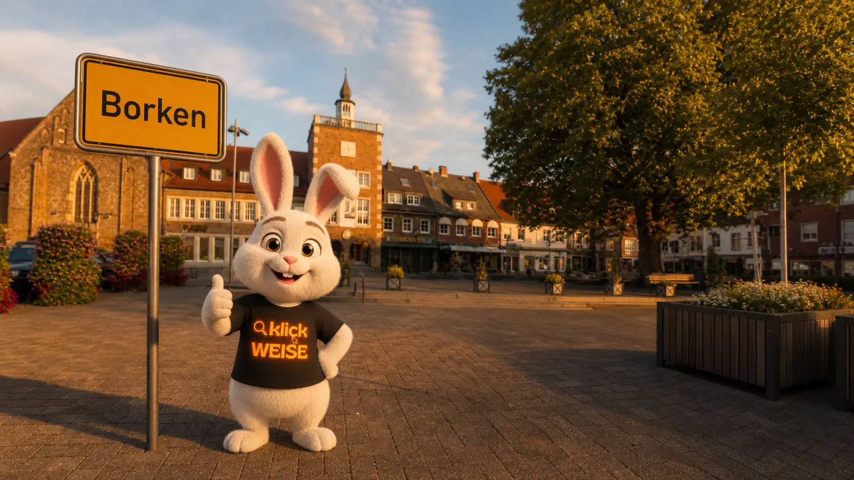 Online-Marketing Borken – Klickweise-Maskottchen am Ortsschild Borken auf dem Marktplatz mit historischer Kirche im Münsterland