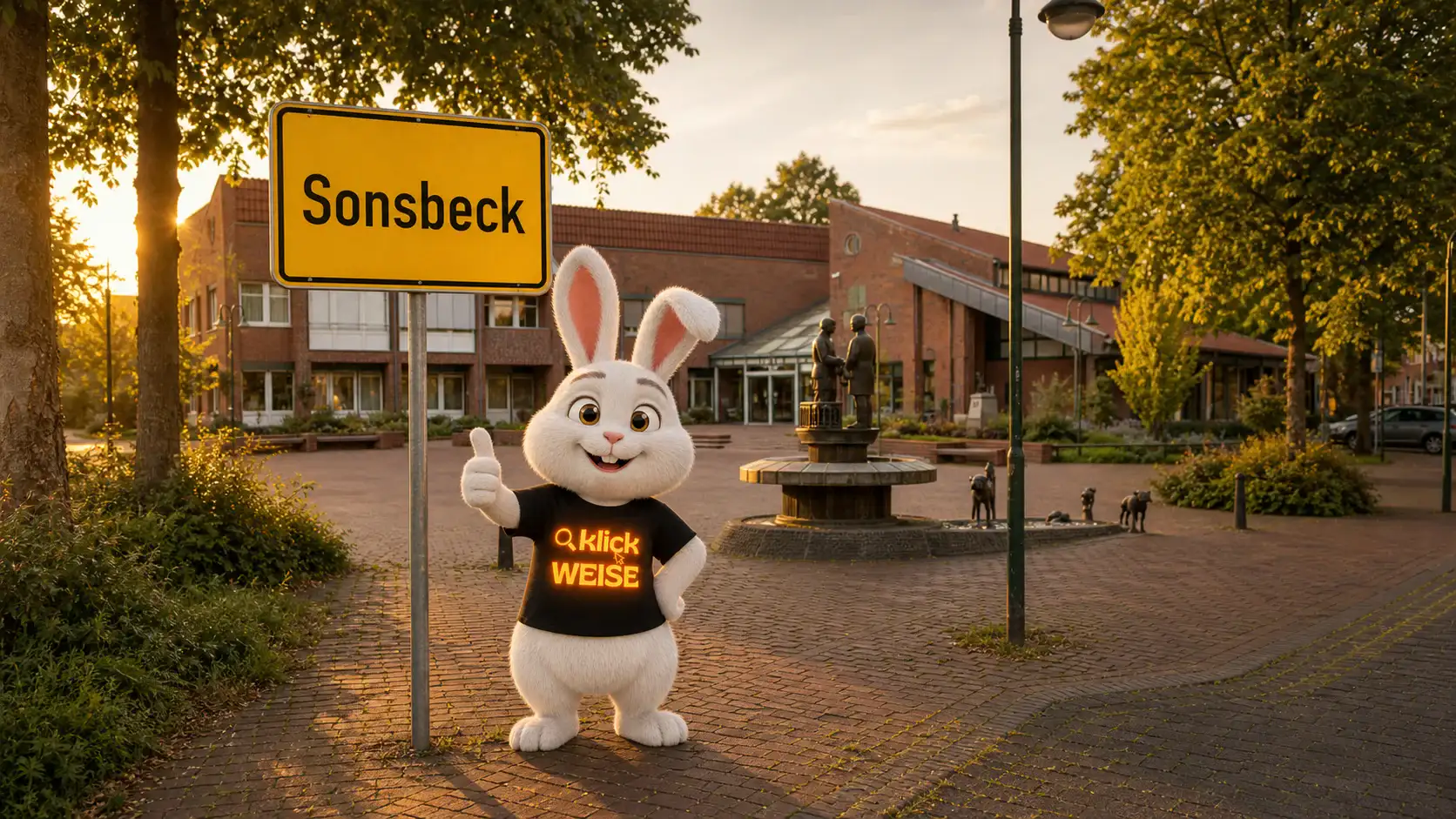 Online-Marketing Sonsbeck – Klickweise-Maskottchen am Ortsschild Sonsbeck vor dem Rathaus mit Brunnen am Niederrhein