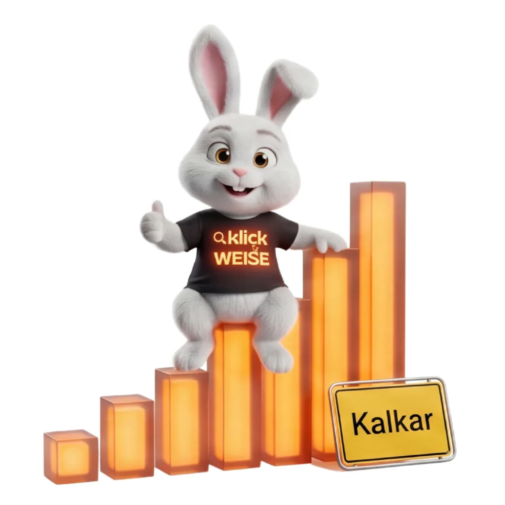 Suchmaschinenoptimierung Kalkar – Klickweise auf steigenden Ranking-Balken mit Ortsschild Kalkar