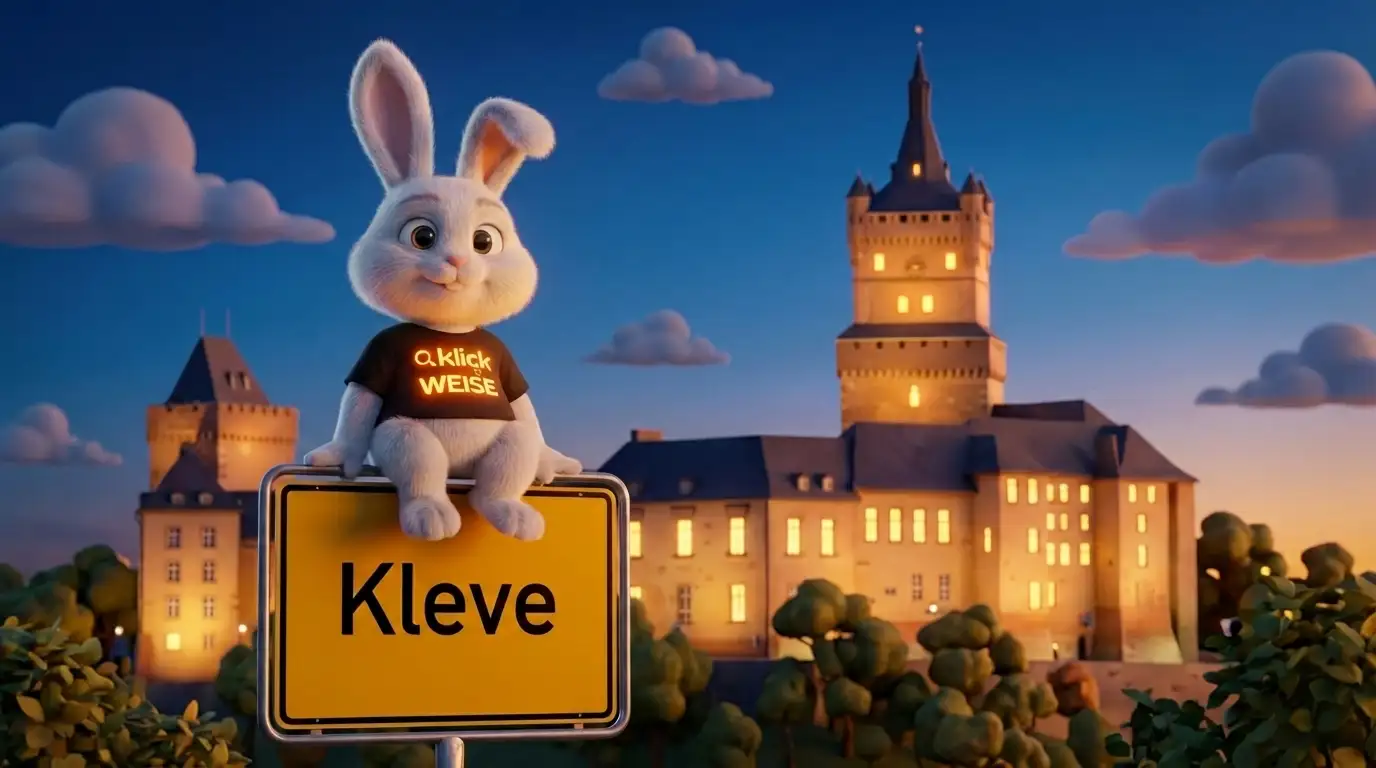 Suchmaschinenoptimierung Kleve – Klickweise vor der Schwanenburg mit Ortsschild Kleve