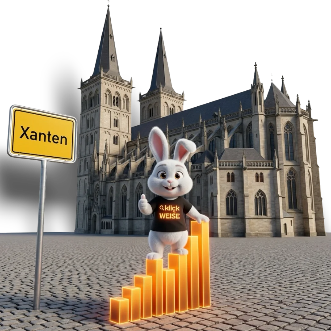 Suchmaschinenoptimierung Xanten – Klickweise vor dem Xantener Dom mit Ortsschild Xanten und steigendem Ranking