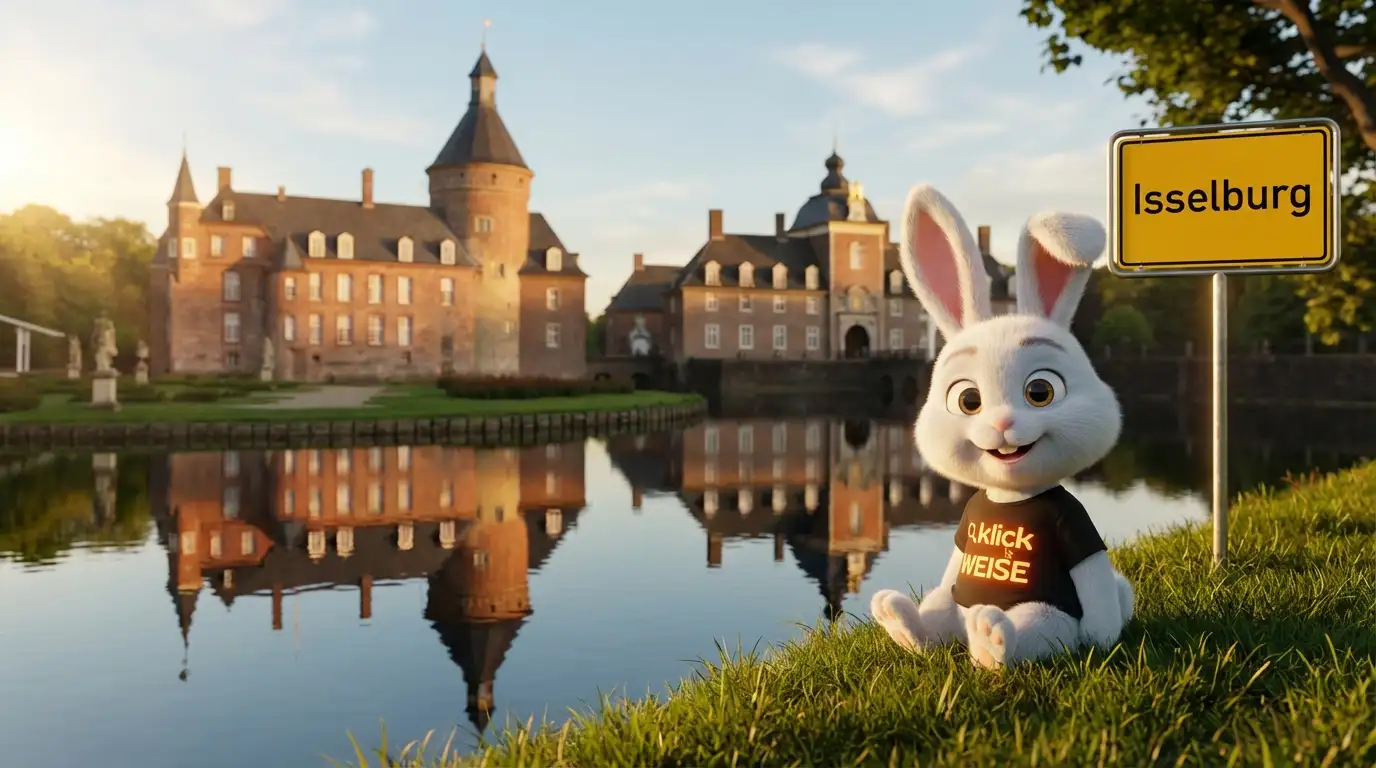 Suchmaschinenwerbung Isselburg – Klickweise vor der Wasserburg Anholt mit Ortsschild Isselburg