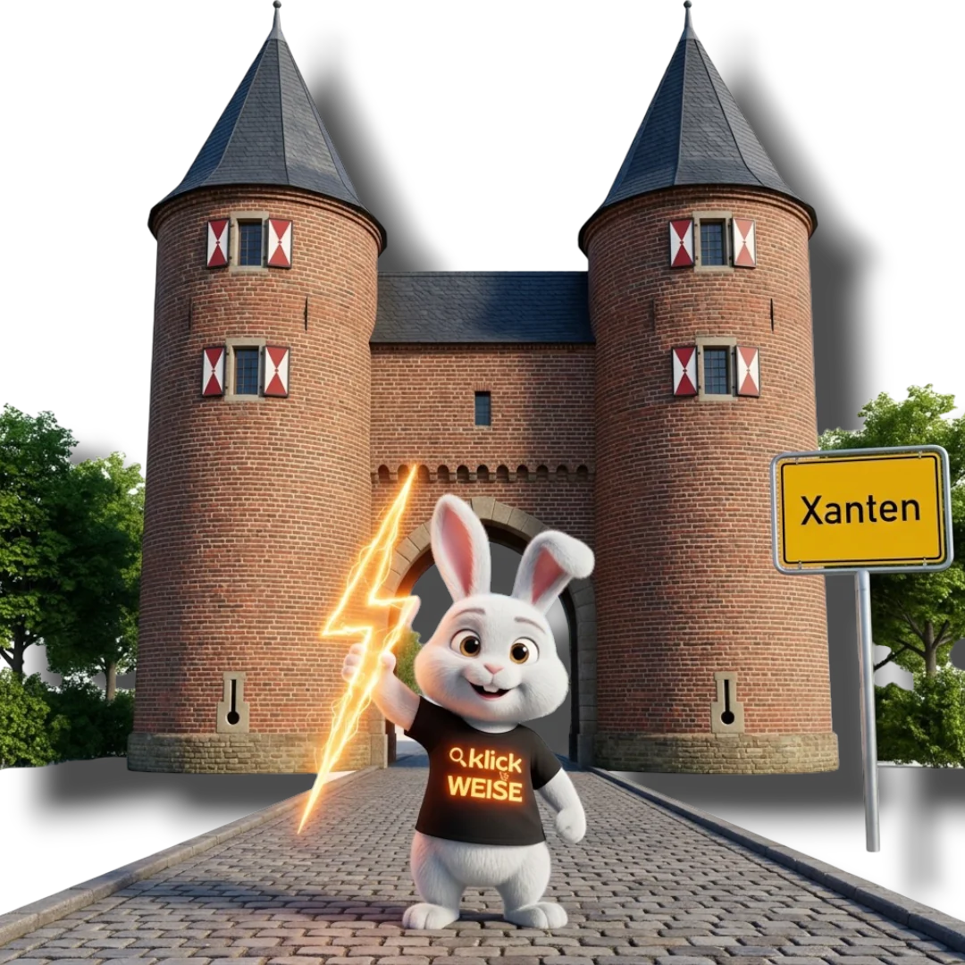 Suchmaschinenwerbung Xanten – Klickweise am Klever Tor mit Ortsschild Xanten und Blitz-Symbol