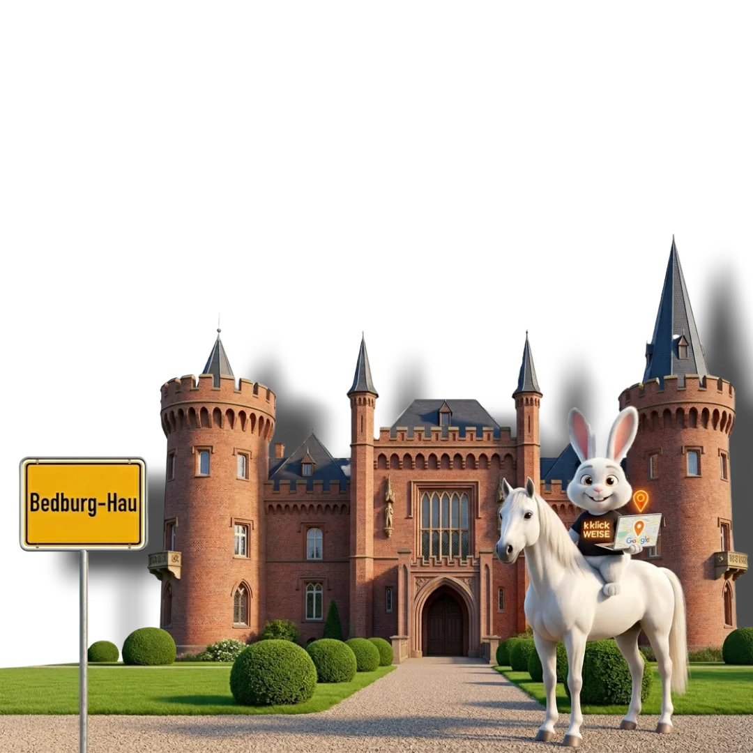 Webdesign Bedburg-Hau – Klickweise vor Schloss Moyland mit Ortsschild Bedburg-Hau