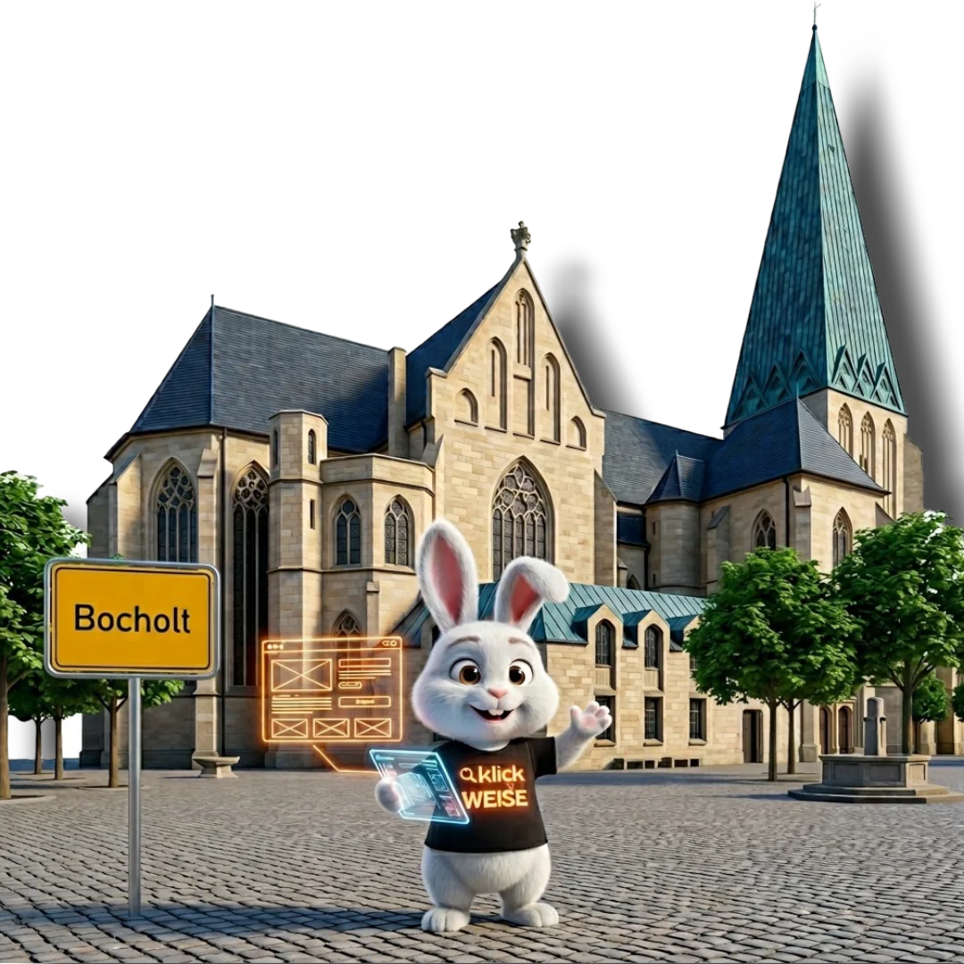 Webdesign Bocholt – Klickweise am Rathaus mit Ortsschild Bocholt