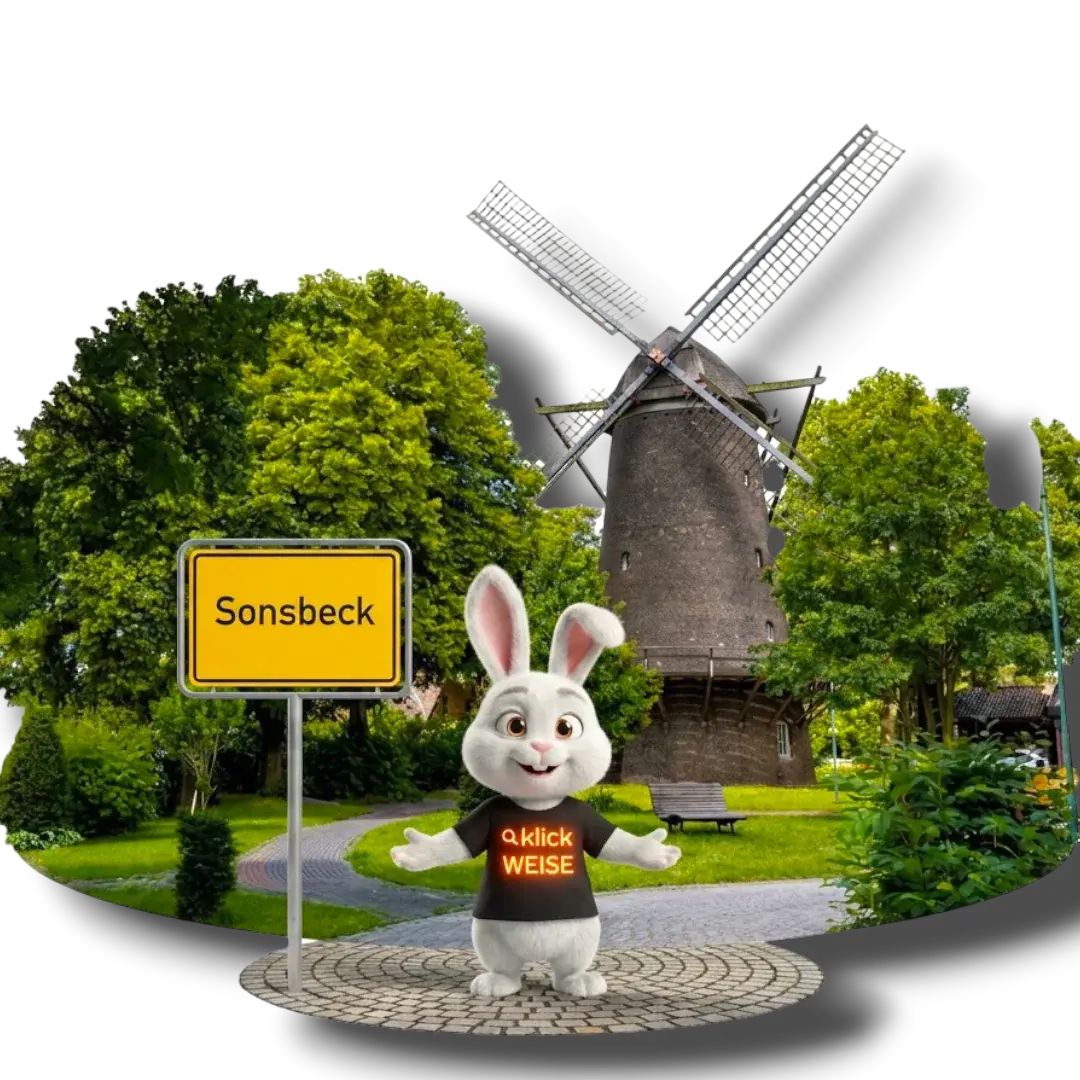 Webdesign Sonsbeck – Klickweise an der historischen Windmühle mit Ortsschild Sonsbeck