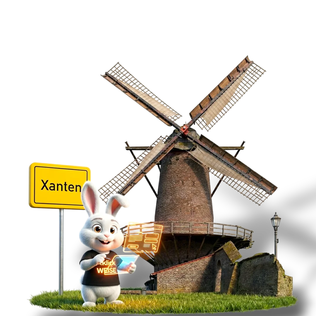 Webdesign Xanten – Klickweise an der Kriemhildmühle mit Ortsschild Xanten und Website-Entwurf